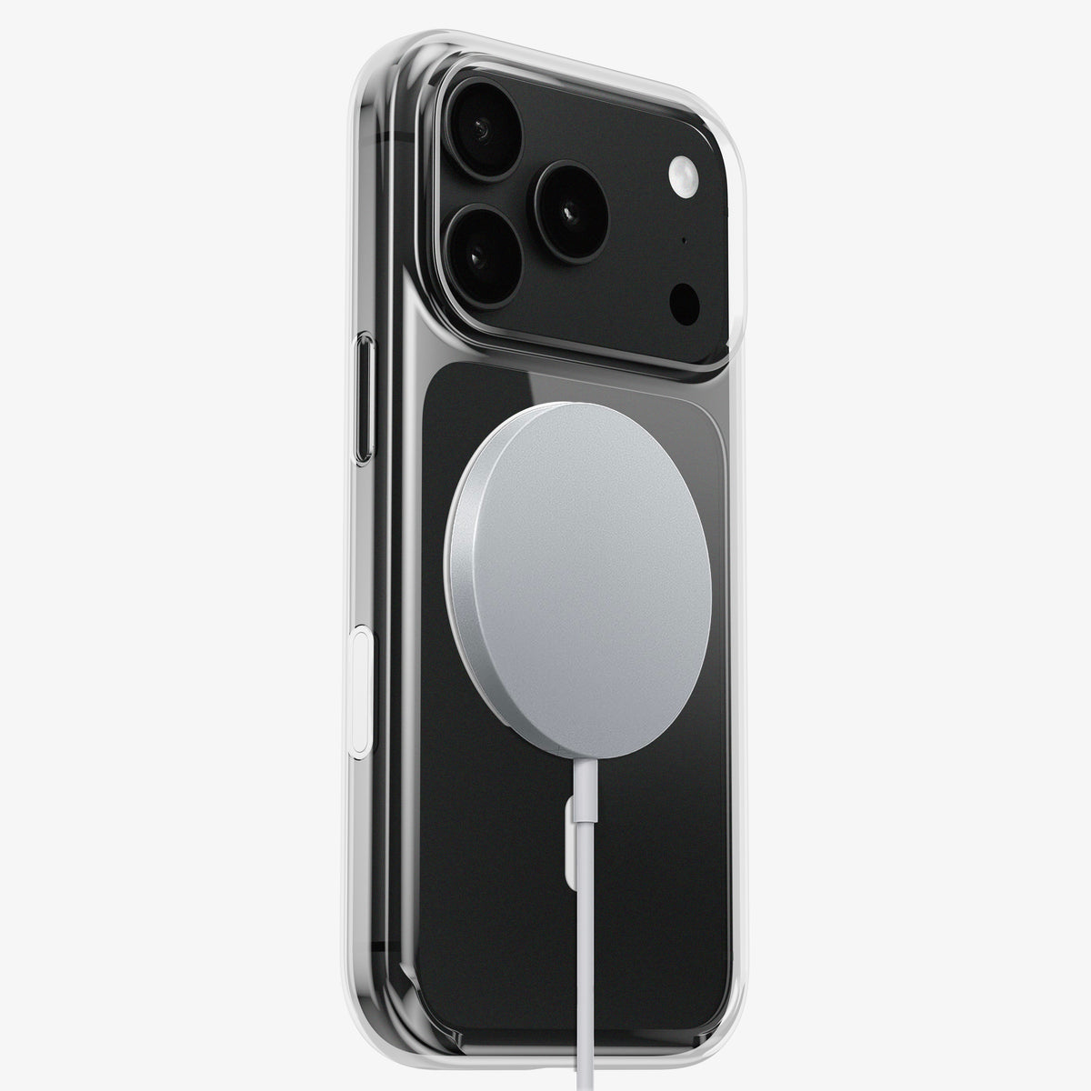 Coque DANA transparente pour iPhone 18 Pro et Pro Max avec un chargeur MagSafe fixé au dos du téléphone noir