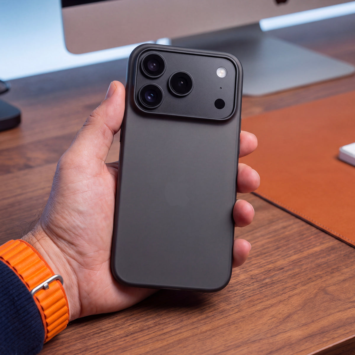 Vue rapprochée d’un iPhone en coque ORIGINAL noire tenu en main devant un bureau