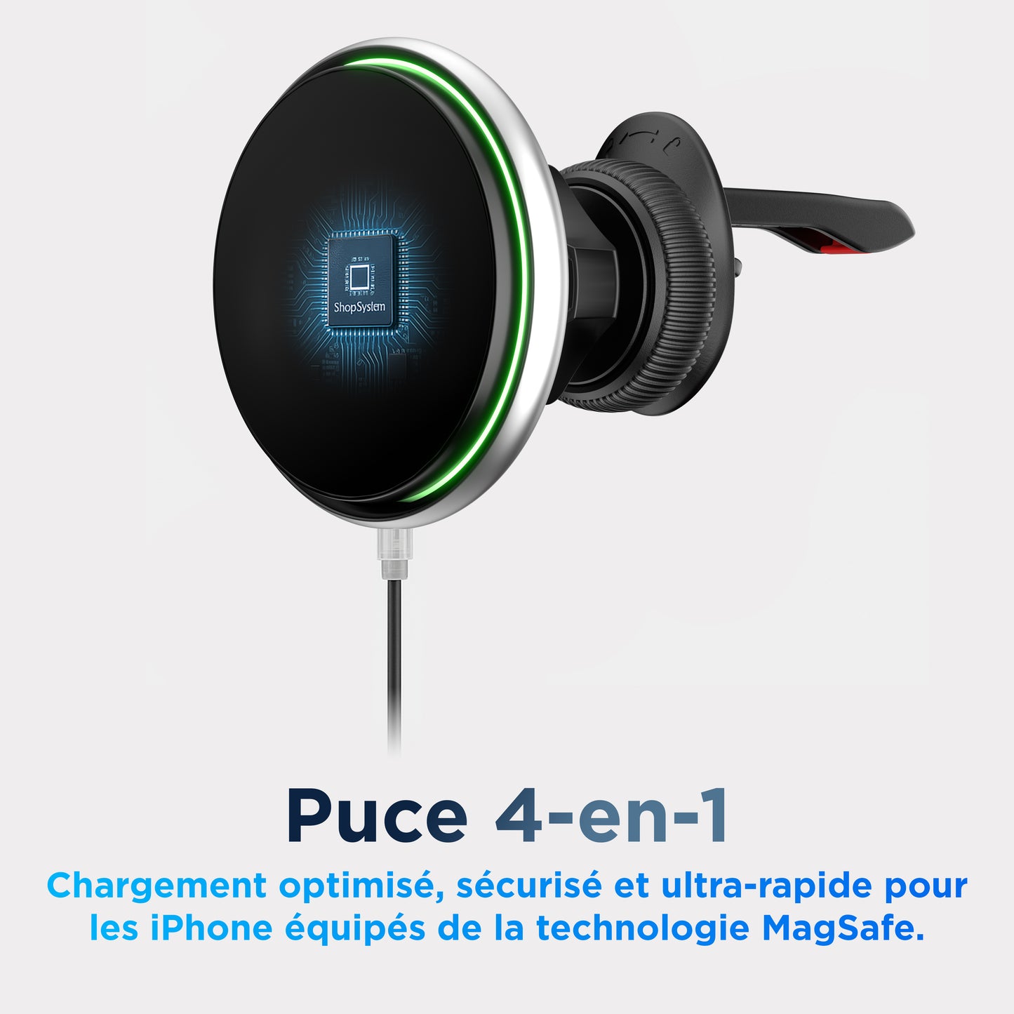 Face avant du pad MagSafe 15 W avec anneau LED vert actif – surface magnétique