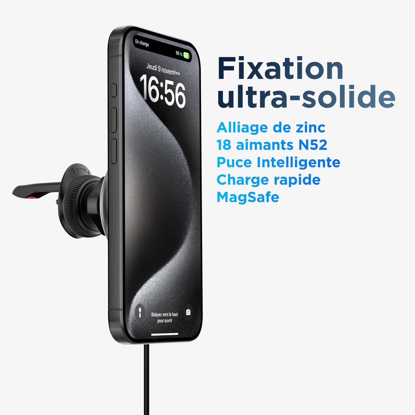 Support ventouse MagSafe 15 W avec iPhone installé – charge sans fil en voiture