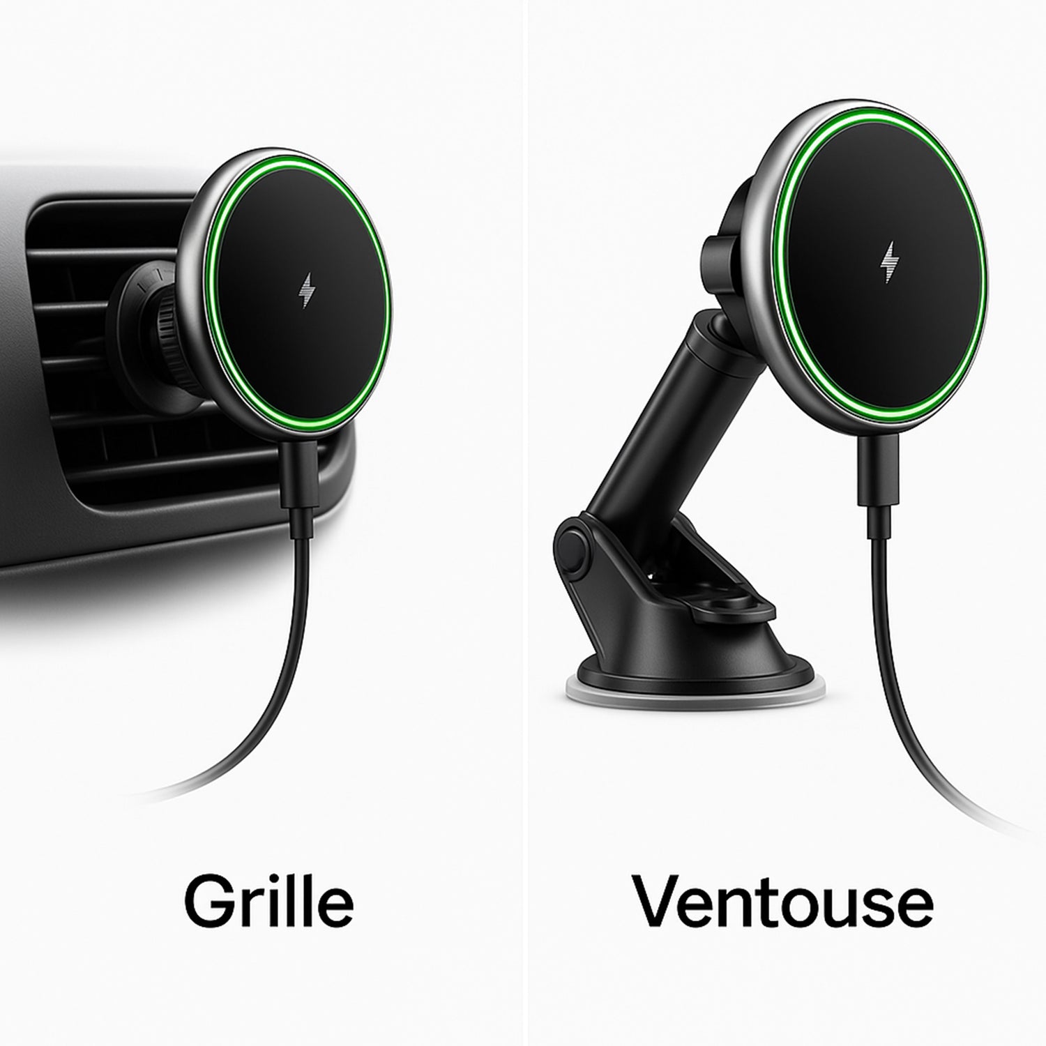 Montage double : support grille et support pare‑brise ventouse du chargeur MagSafe