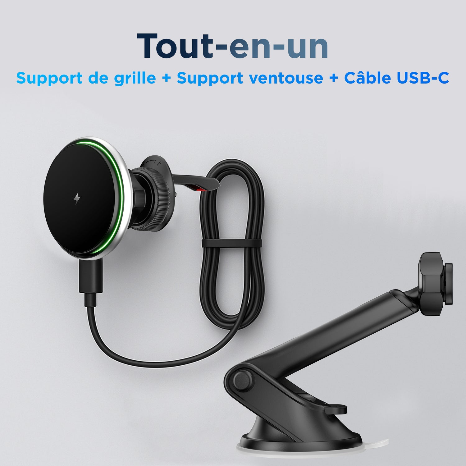 Pack complet : tête MagSafe, bras ventouse, clip grille et câble USB‑C sur fond épuré