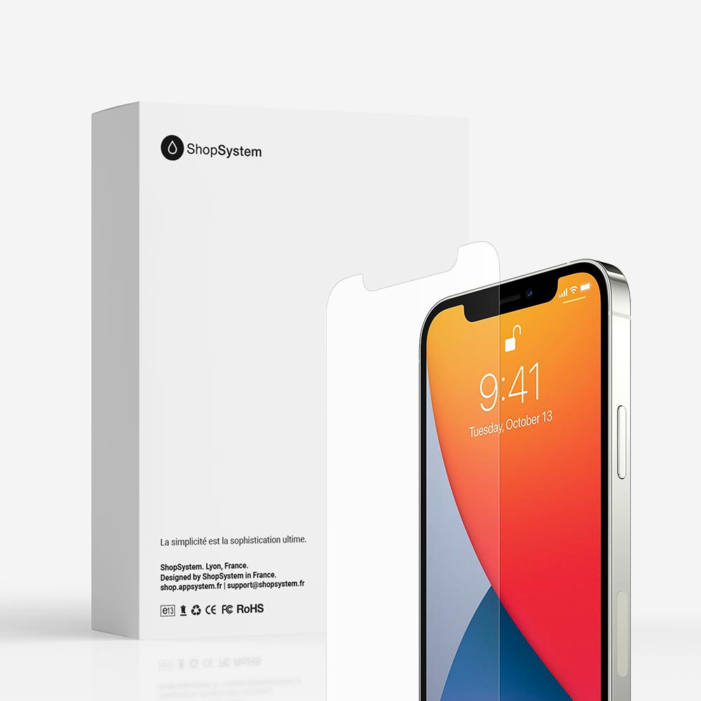 Emballage marque ShopSystem protection d'écran 2.5D en verre trempé pour iPhone 12, 12 Pro, 12 Pro Max et 12 mini