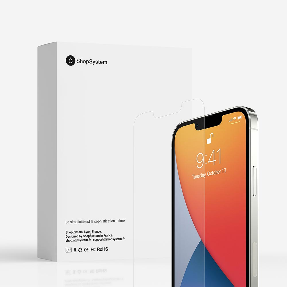 Emballage marque ShopSystem protection d'écran 2.5D en verre trempé pour iPhone 13, 13 Pro, 13 Pro Max et 13 mini