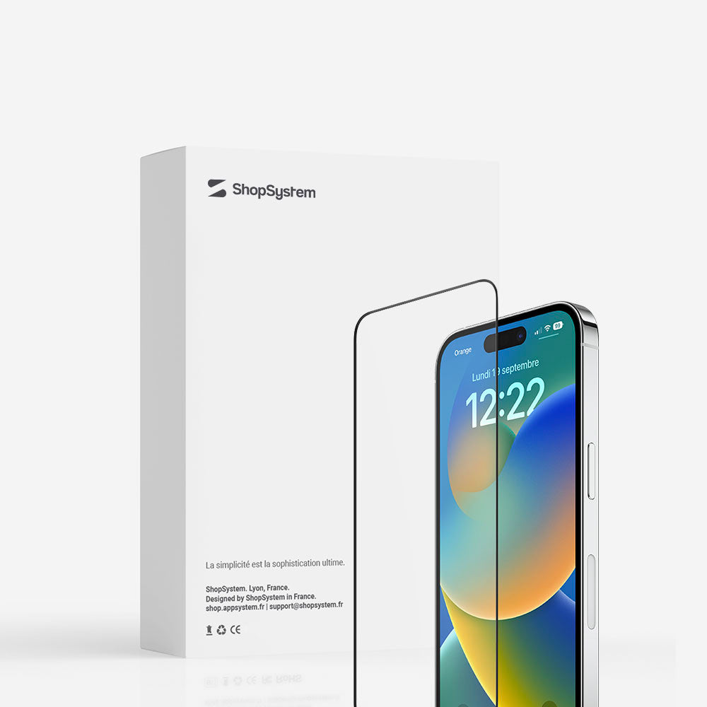 Emballage marque ShopSystem protection d'écran 3D en verre trempé pour iPhone 15, 15 Plus, 15 Pro, 15 Pro Max
