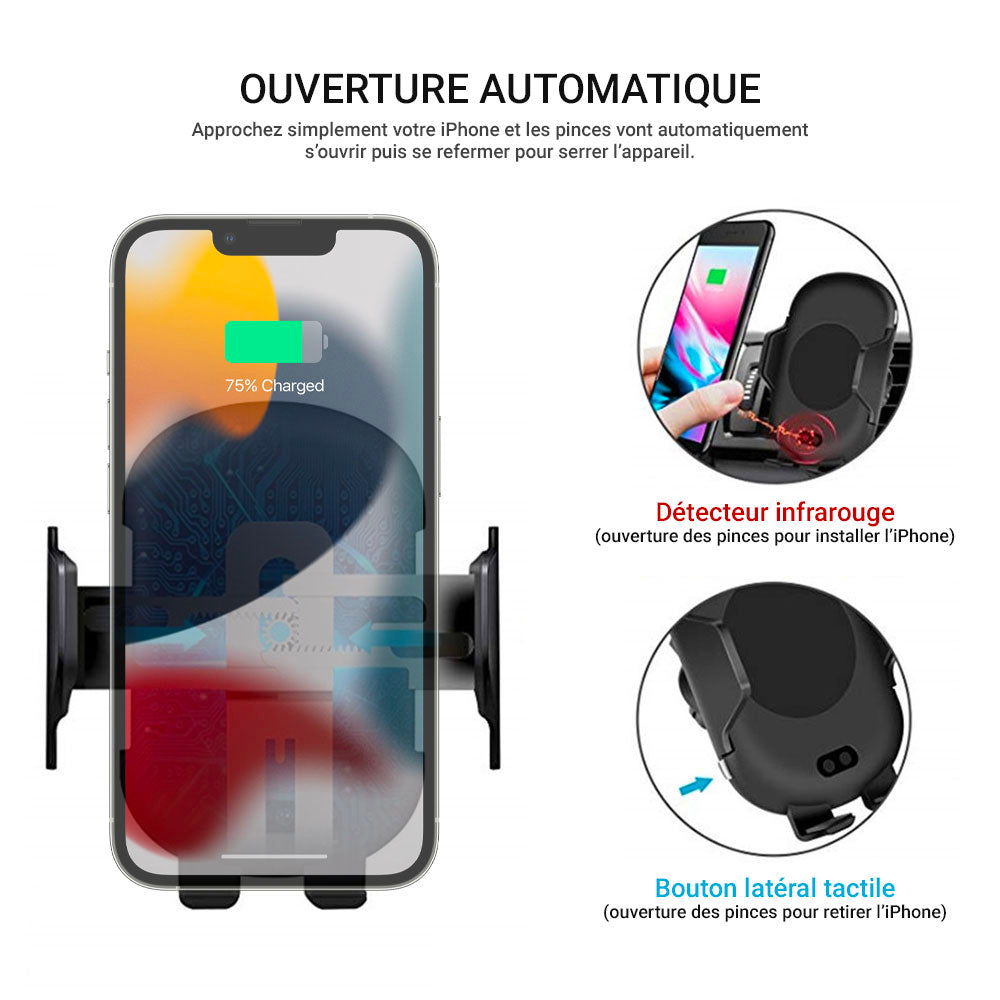 Support et chargeur iPhone à induction pour voiture avec ouverture et fermeture automatique des grilles