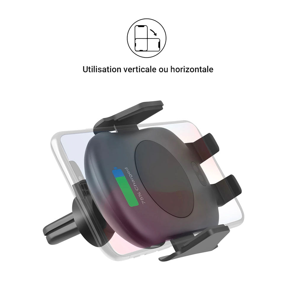 Support et chargeur iPhone à induction pour voiture avec ouverture et fermeture automatique des grilles