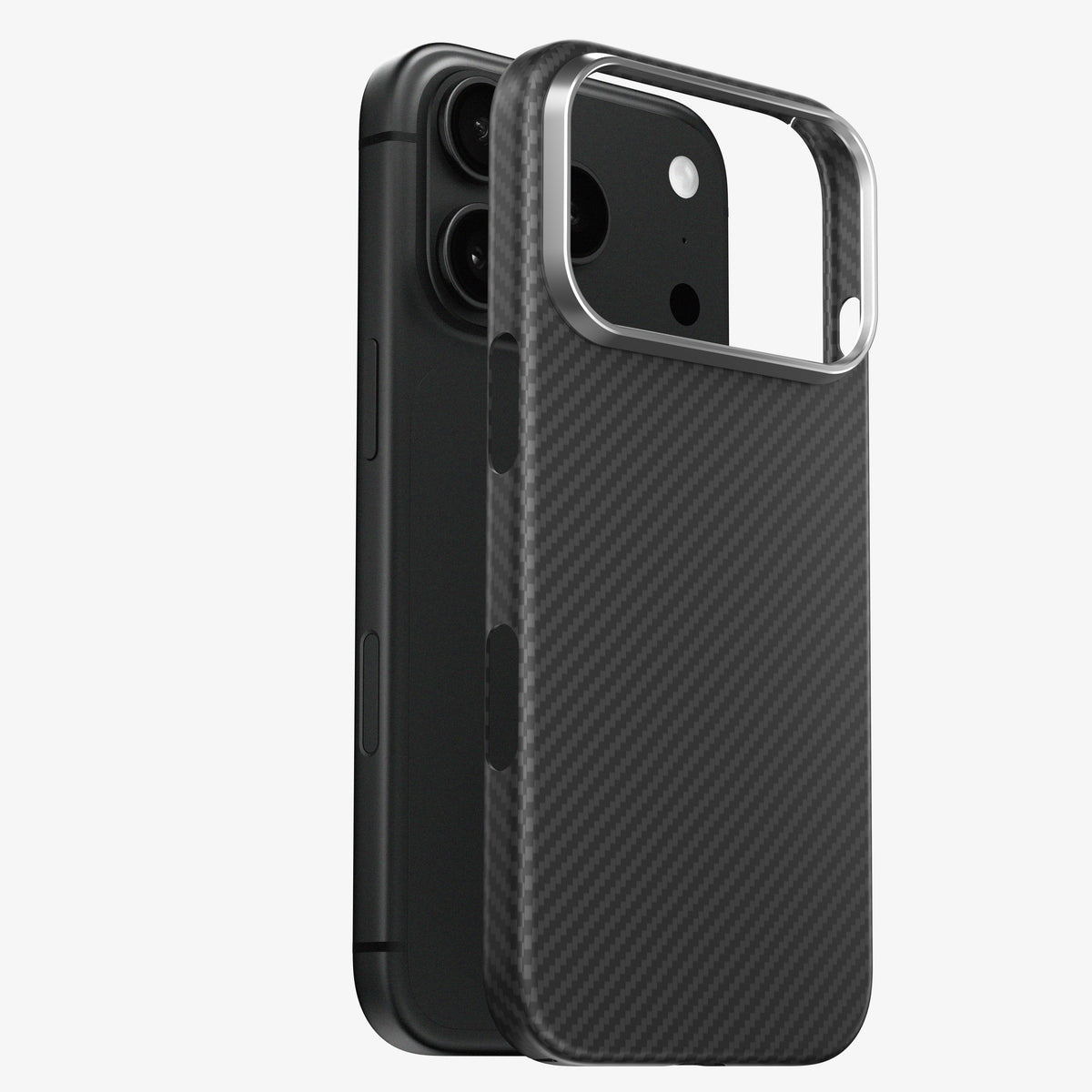 Coque CARBON pour iPhone 18 Pro et Pro Max, vue éclatée de la coque en fibre de carbone et du téléphone noir