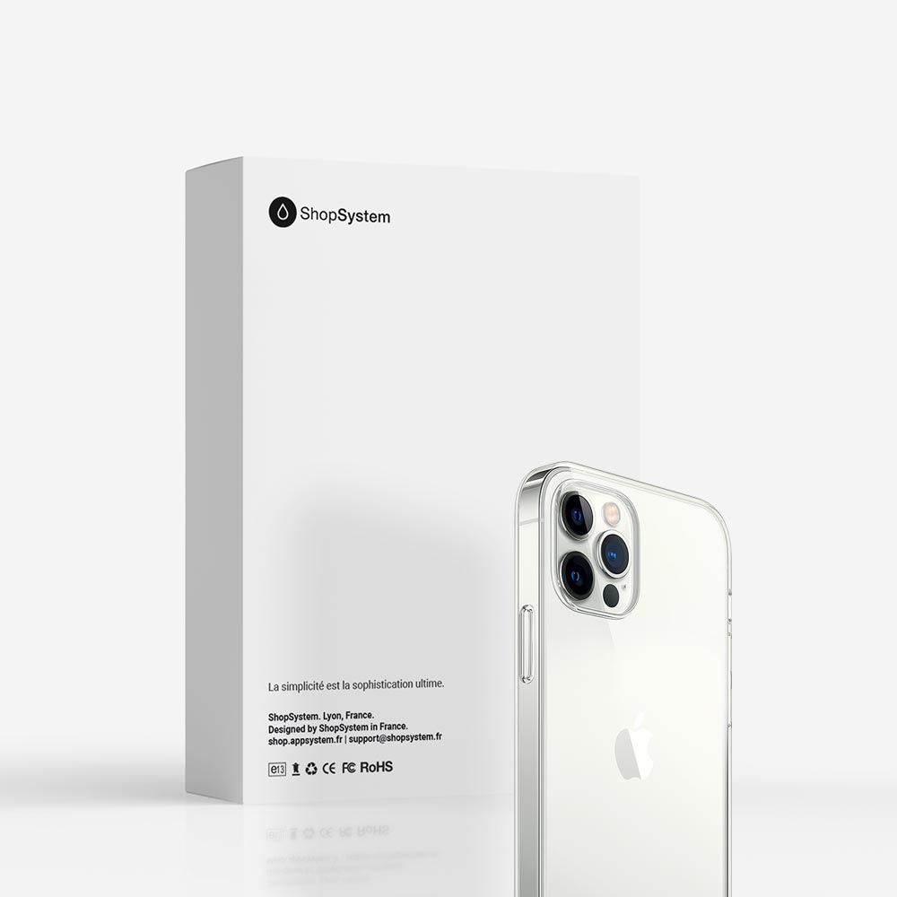 Emballage marque ShopSystem coque silicone souple INVISIBLE pour iPhone 12, 12 mini, 12 Pro et 12 Pro Max