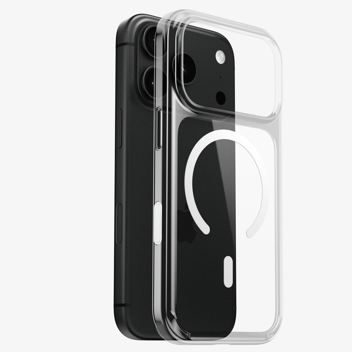 Coque DANA transparente avec MagSafe pour iPhone 18 Pro et Pro Max, vue éclatée avec un téléphone noir