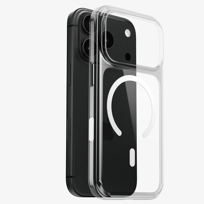 Coque DANA transparente avec MagSafe pour iPhone 18 Pro et Pro Max, vue éclatée avec un téléphone noir