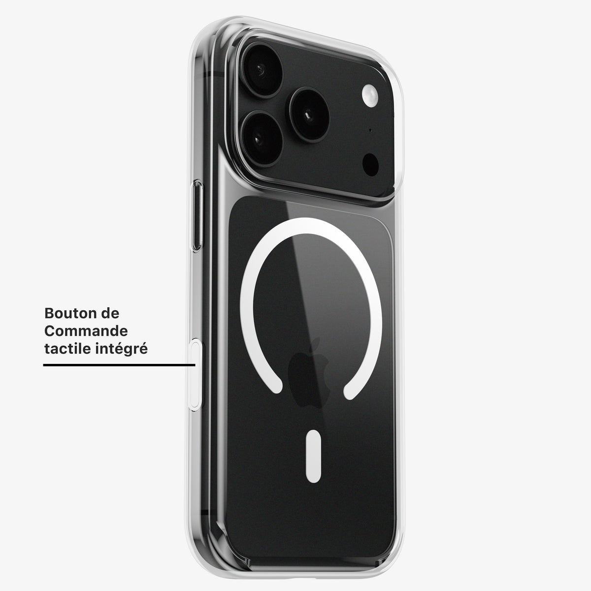 Coque DANA MagSafe pour iPhone 18 Pro et Pro Max, vue du bouton de commande tactile intégré sur un téléphone noir