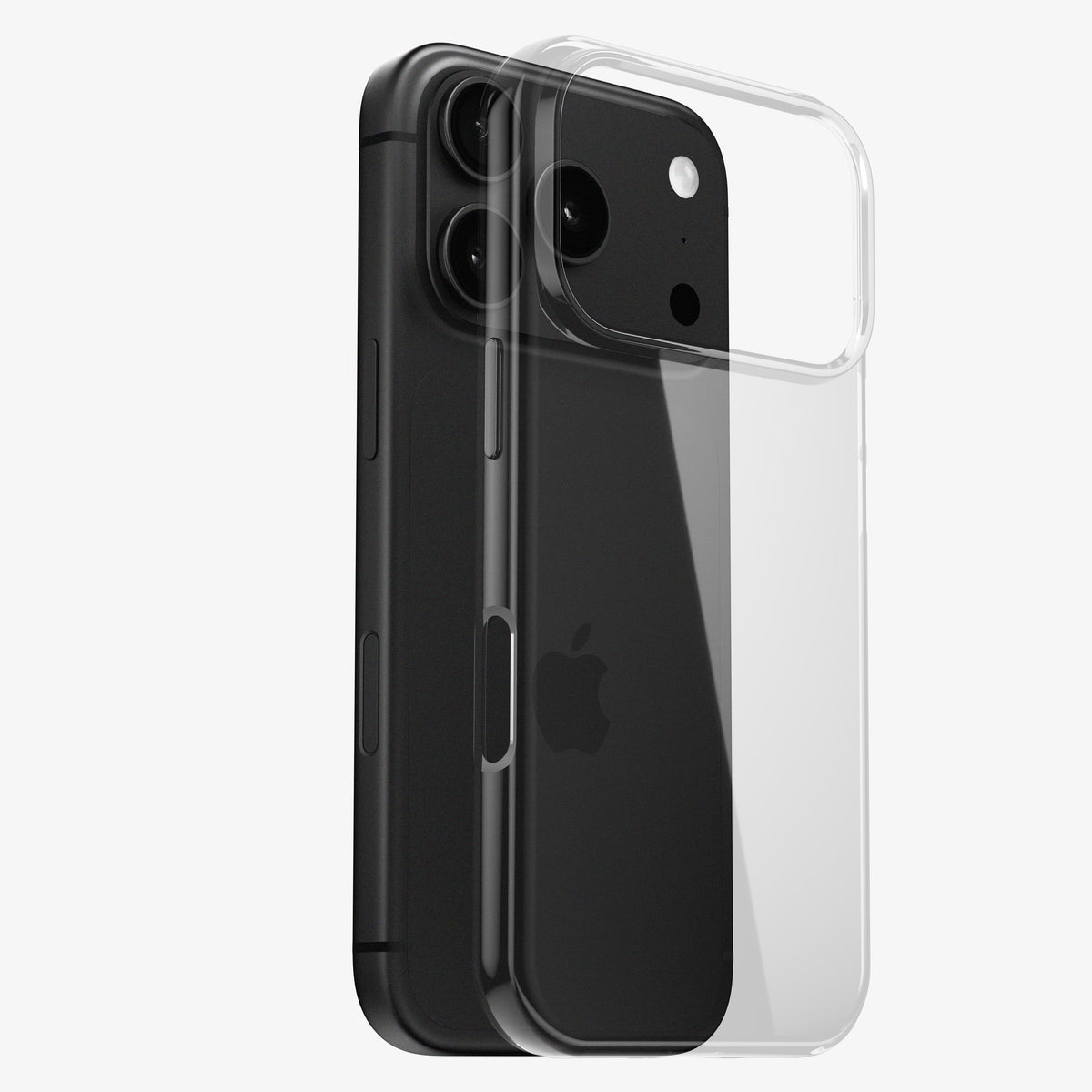 Coque INVISIBLE souple et transparente pour iPhone 18 Pro et Pro Max, vue éclatée avec un téléphone noir