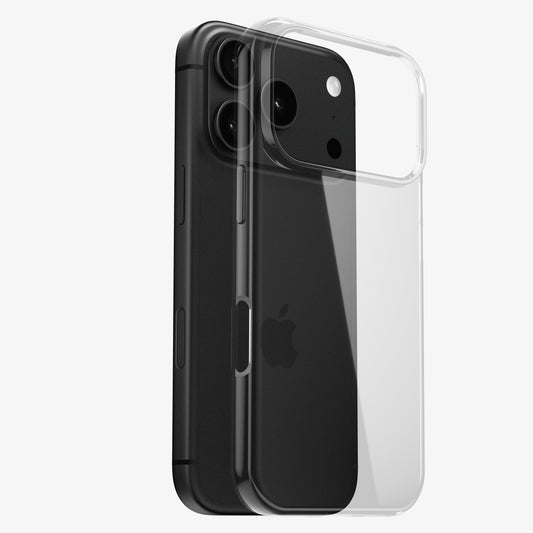 Coque INVISIBLE souple et transparente pour iPhone 18 Pro et Pro Max, vue éclatée avec un téléphone noir
