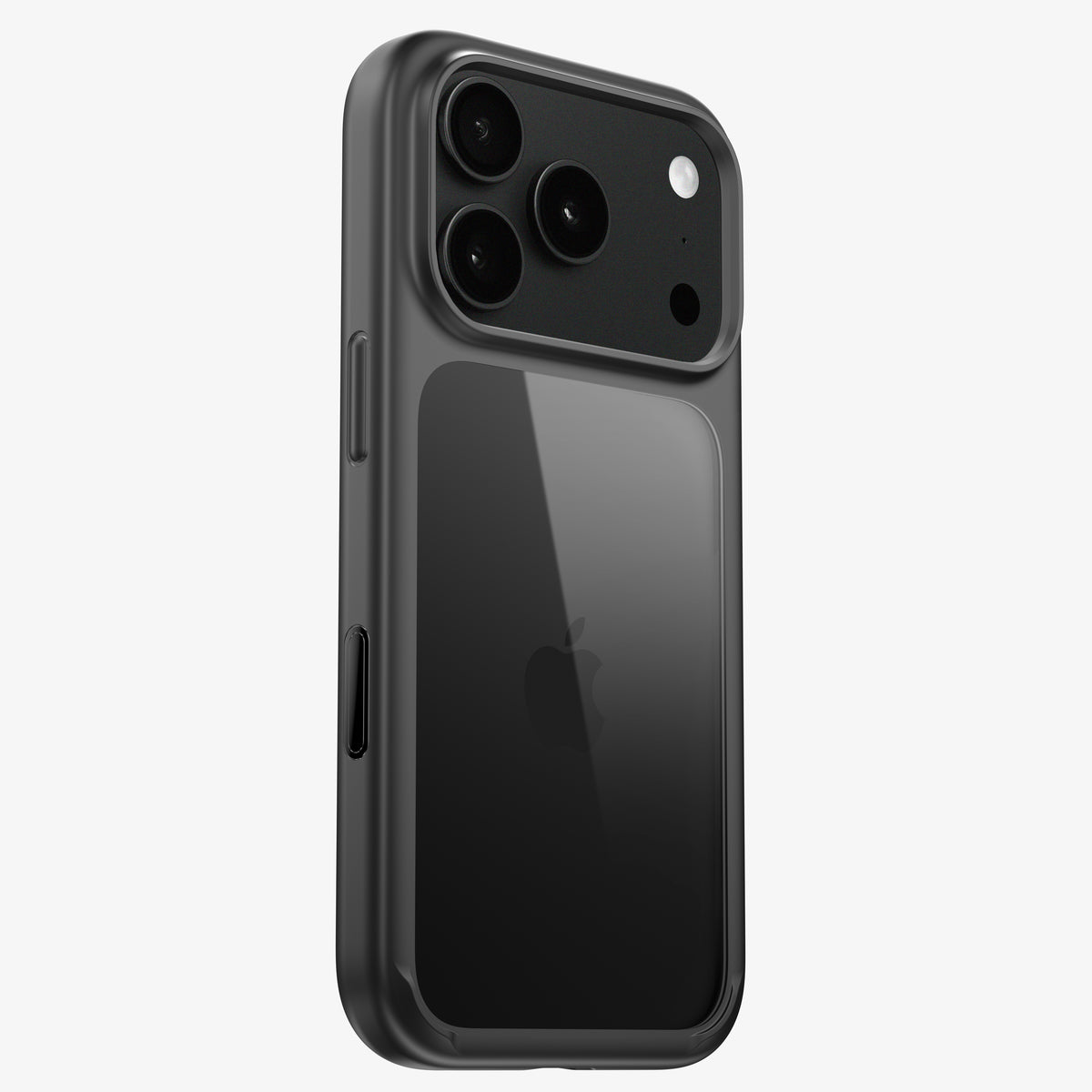 Coque ONE bumper noire à dos transparent pour iPhone 18 Pro et Pro Max, vue arrière sur un téléphone noir
