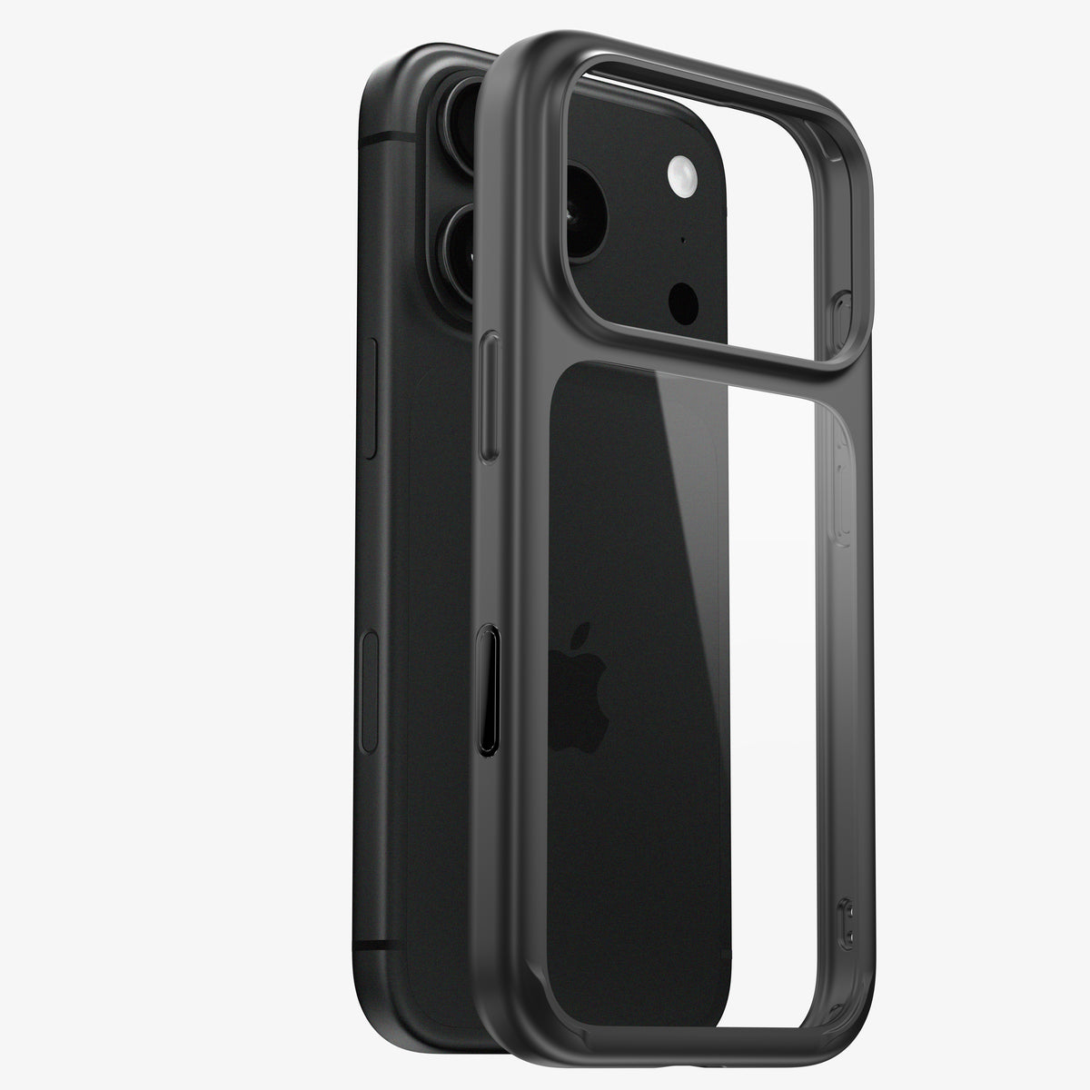 Coque ONE bumper pour iPhone 18 Pro et Pro Max, vue éclatée du cadre noir et du dos transparent