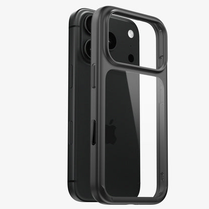 Coque ONE bumper pour iPhone 18 Pro et Pro Max, vue éclatée du cadre noir et du dos transparent