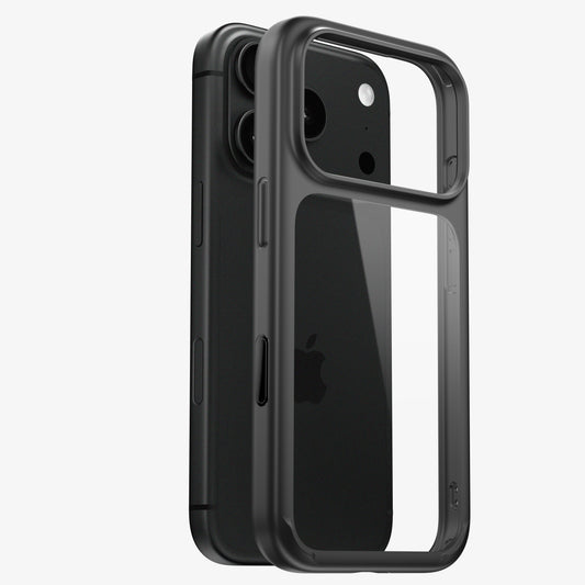 Coque ONE bumper pour iPhone 18 Pro et Pro Max, vue éclatée du cadre noir et du dos transparent