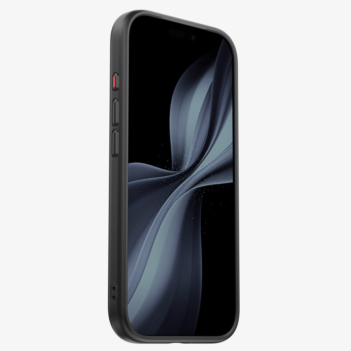 Coque ONE bumper pour iPhone 18 Pro et Pro Max, vue de face sur un téléphone noir avec bouton Action rouge