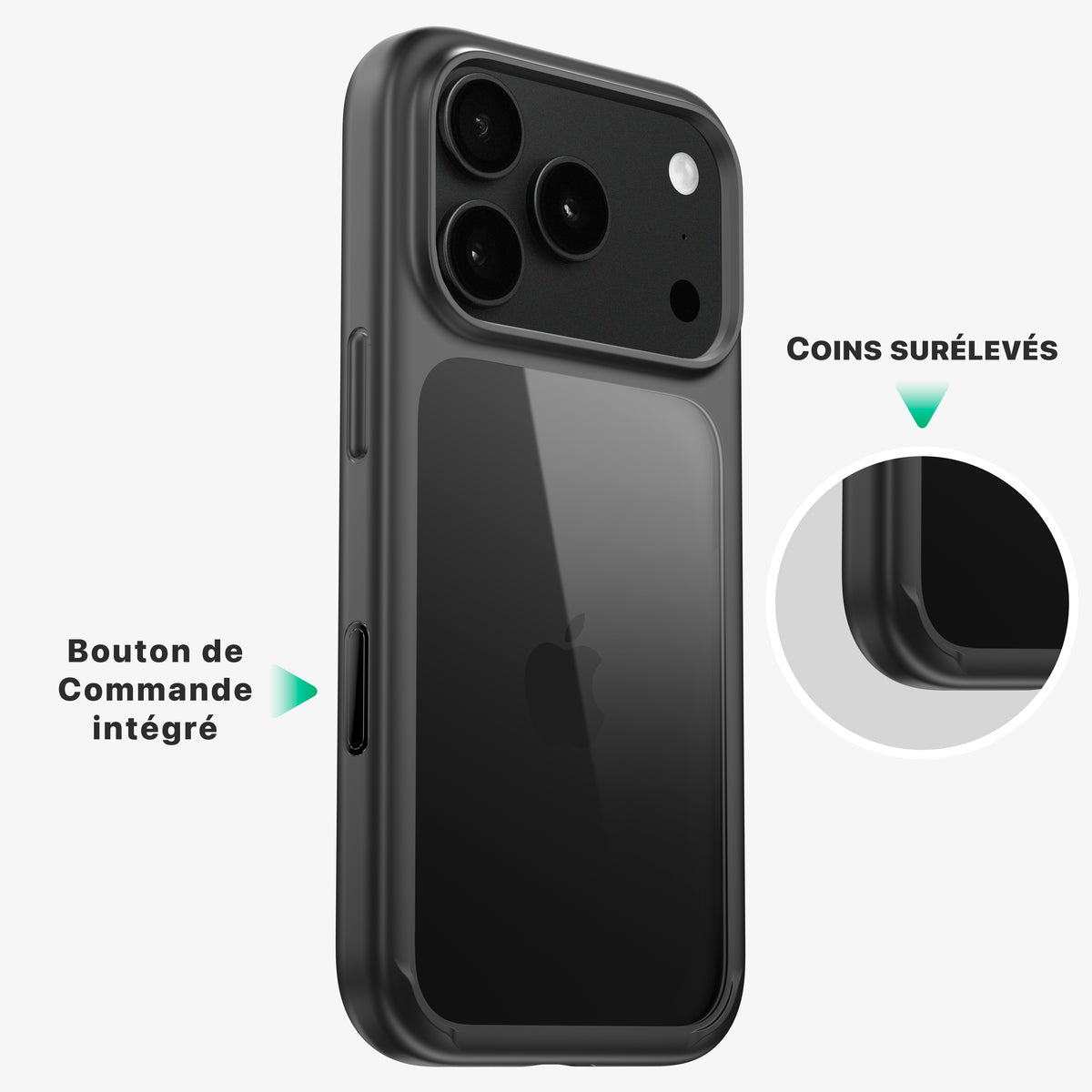 Coque ONE bumper pour iPhone 18 Pro et Pro Max, détails du bouton de commande intégré et des coins surélevés