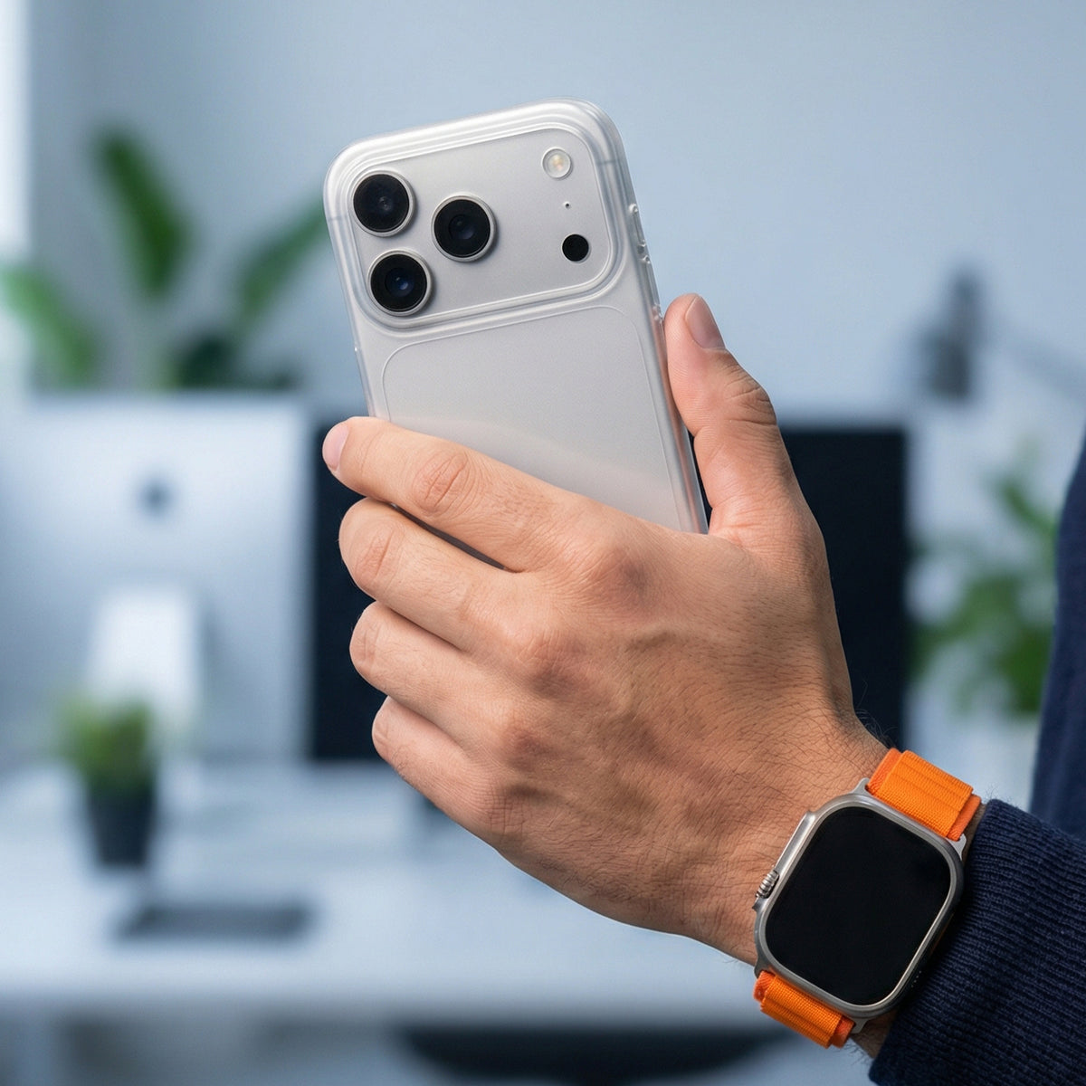 Vue de dos d’un iPhone en coque PHANTOM transparente tenu en main