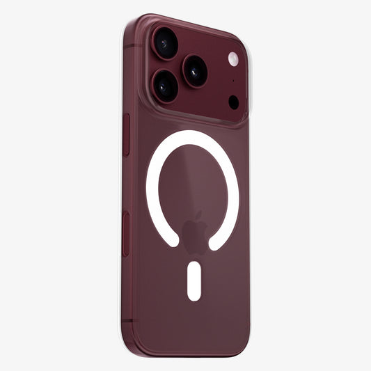 Coque PHANTOM S transparente pour iPhone 18 Pro et Pro Max, vue arrière sur un iPhone Bordeaux avec anneau MagSafe en C