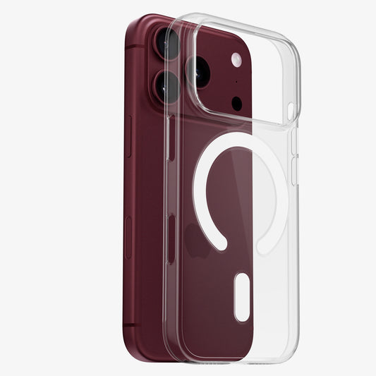 Coque PHANTOM S MagSafe pour iPhone 18 Pro et Pro Max, vue éclatée de la coque transparente et du téléphone Bordeaux
