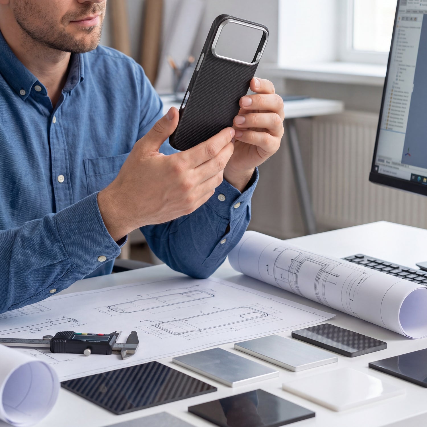 Ingénieur produit examinant la coque CARBON seule au-dessus de plans cotés, pied à coulisse et échantillons de carbone et d'aluminium