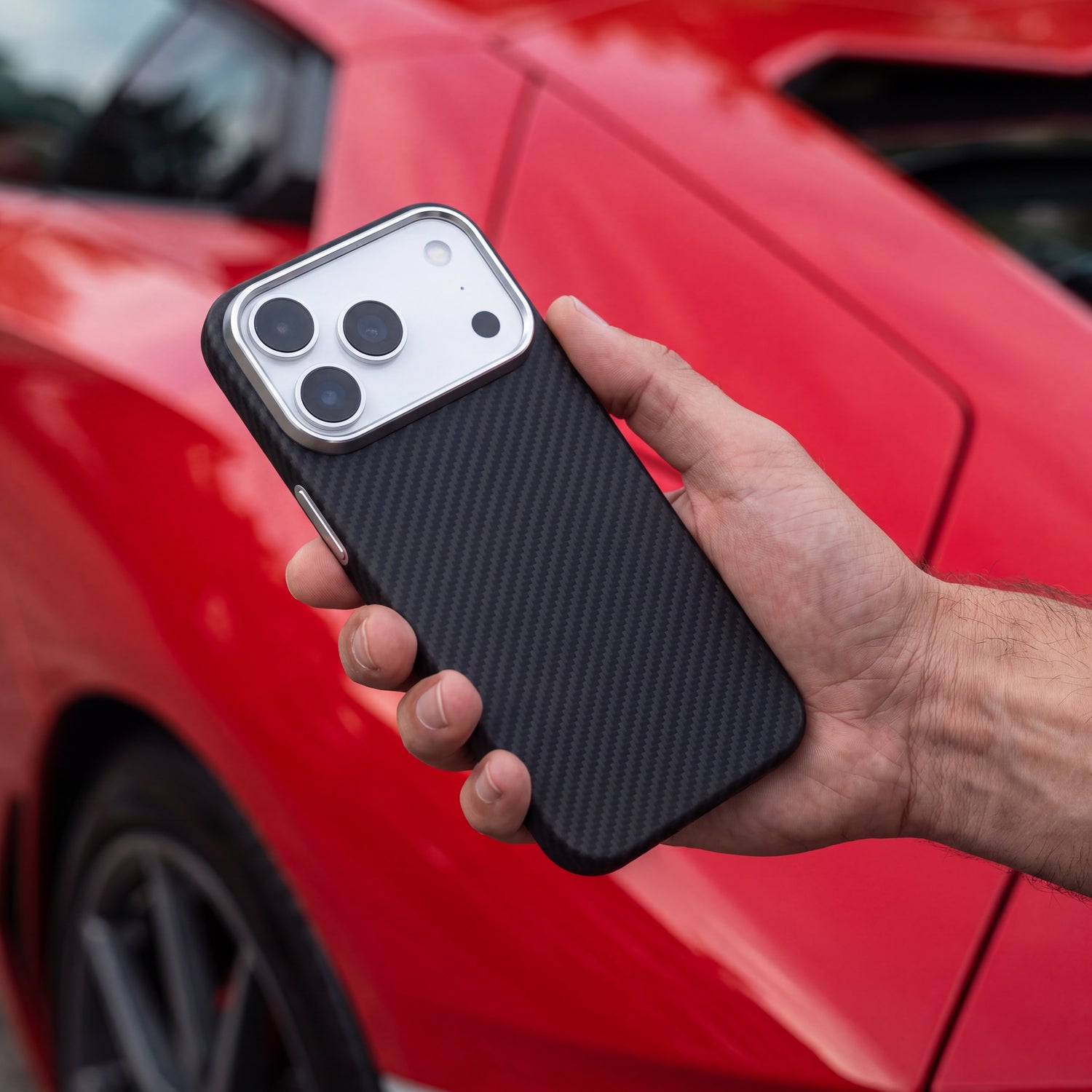 Coque CARBON tenue en main devant une supercar rouge, bague en aluminium en relief autour du module photo