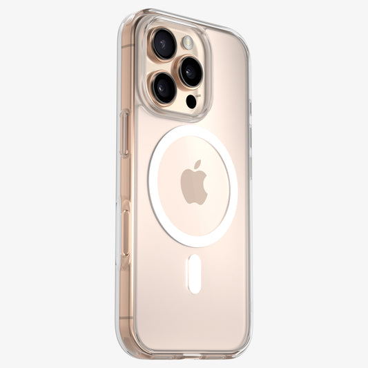 Clear phone case showcasing a gold smartphone with multiple camera lenses and a visible Apple logo.