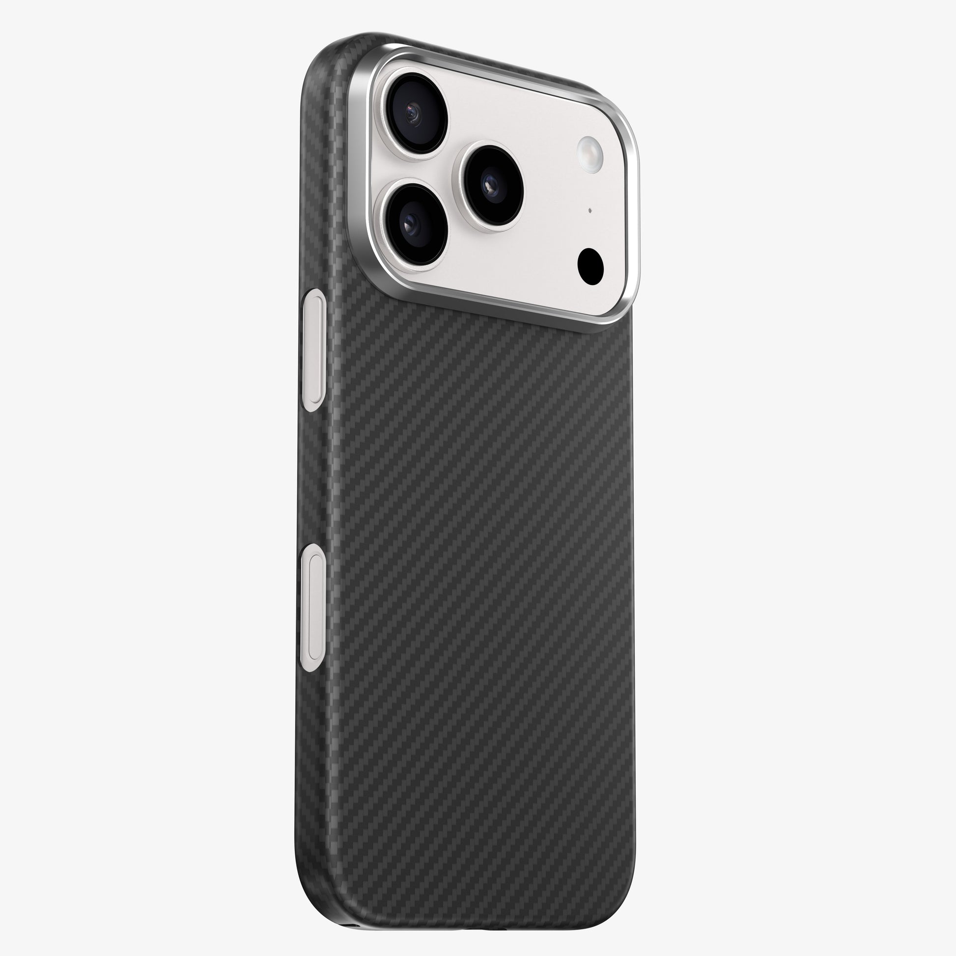 Coque CARBON en fibre de carbone sur iPhone 17 Pro Argent, vue trois quarts arrière, bague d'objectif en aluminium