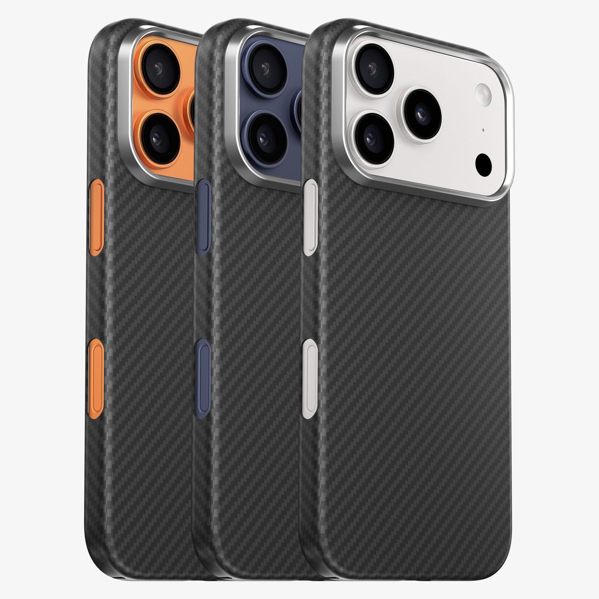 Coque CARBON sur iPhone 17 Pro dans les trois coloris : Orange cosmique, Bleu intense et Argent