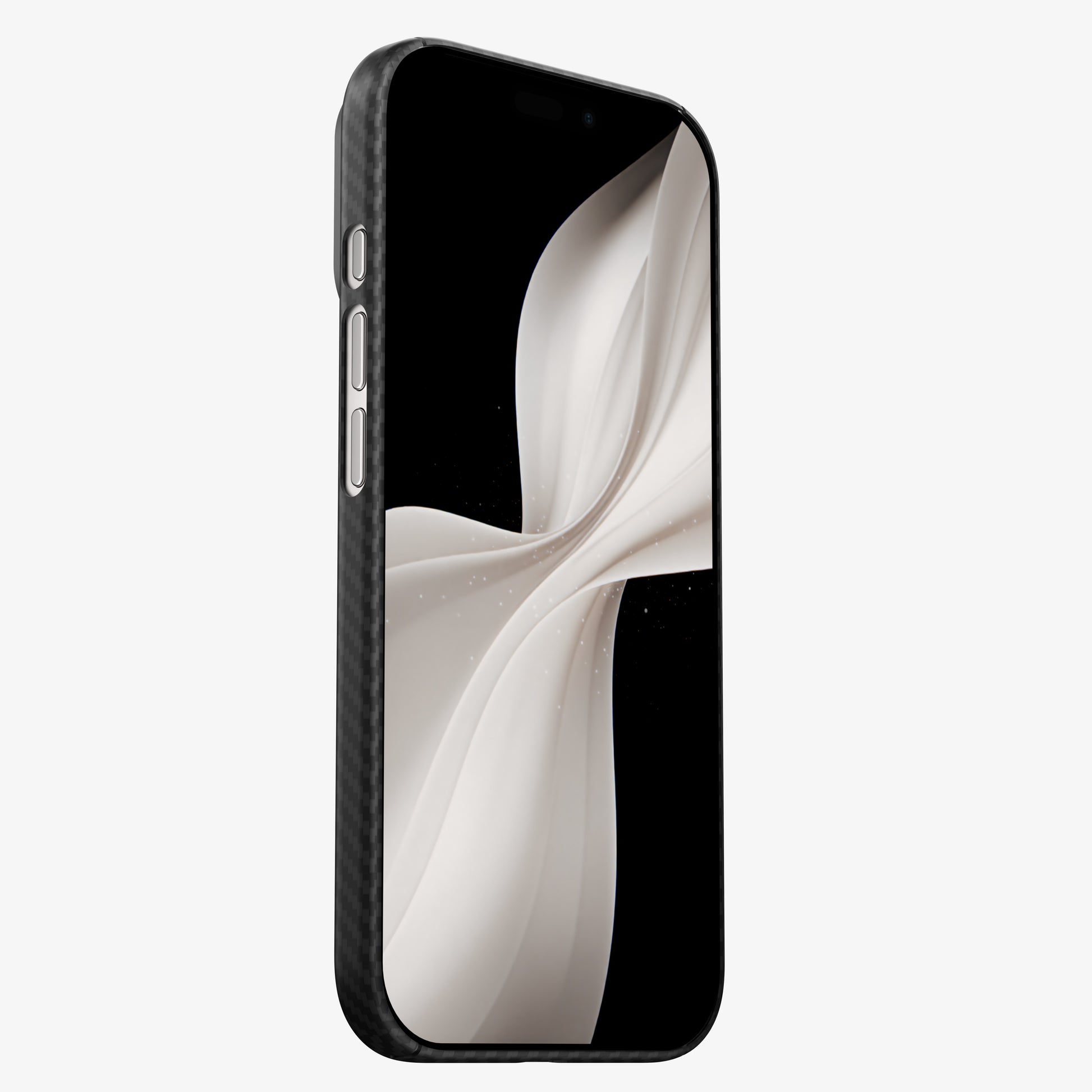 iPhone 17 Pro Argent dans la coque CARBON, vue de face : écran et boutons dégagés