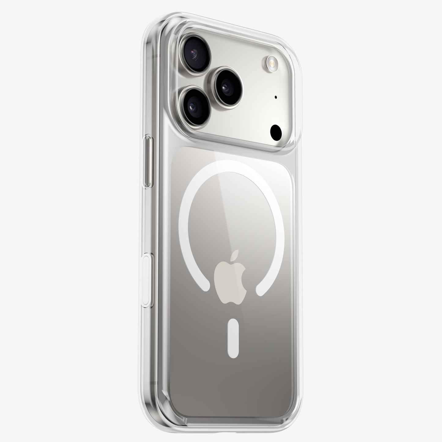 Coque DANA antichoc transparente version MagSafe sur iPhone 18 Pro titane, anneau magnétique visible