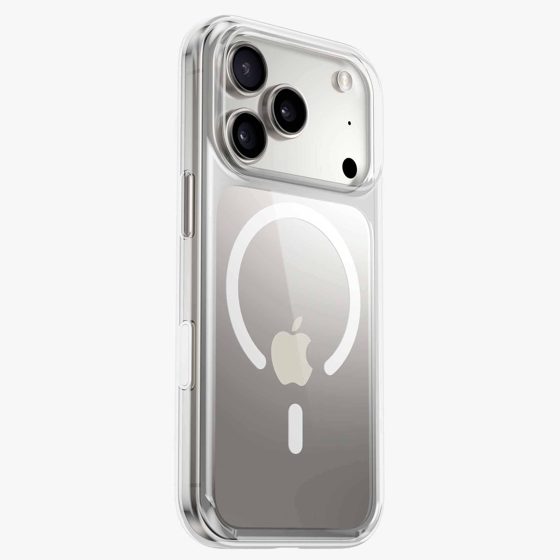 Coque DANA antichoc transparente version MagSafe sur iPhone 18 Pro titane, anneau magnétique visible