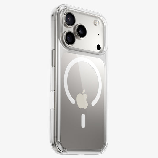 Coque DANA antichoc transparente version MagSafe sur iPhone 18 Pro titane, anneau magnétique visible