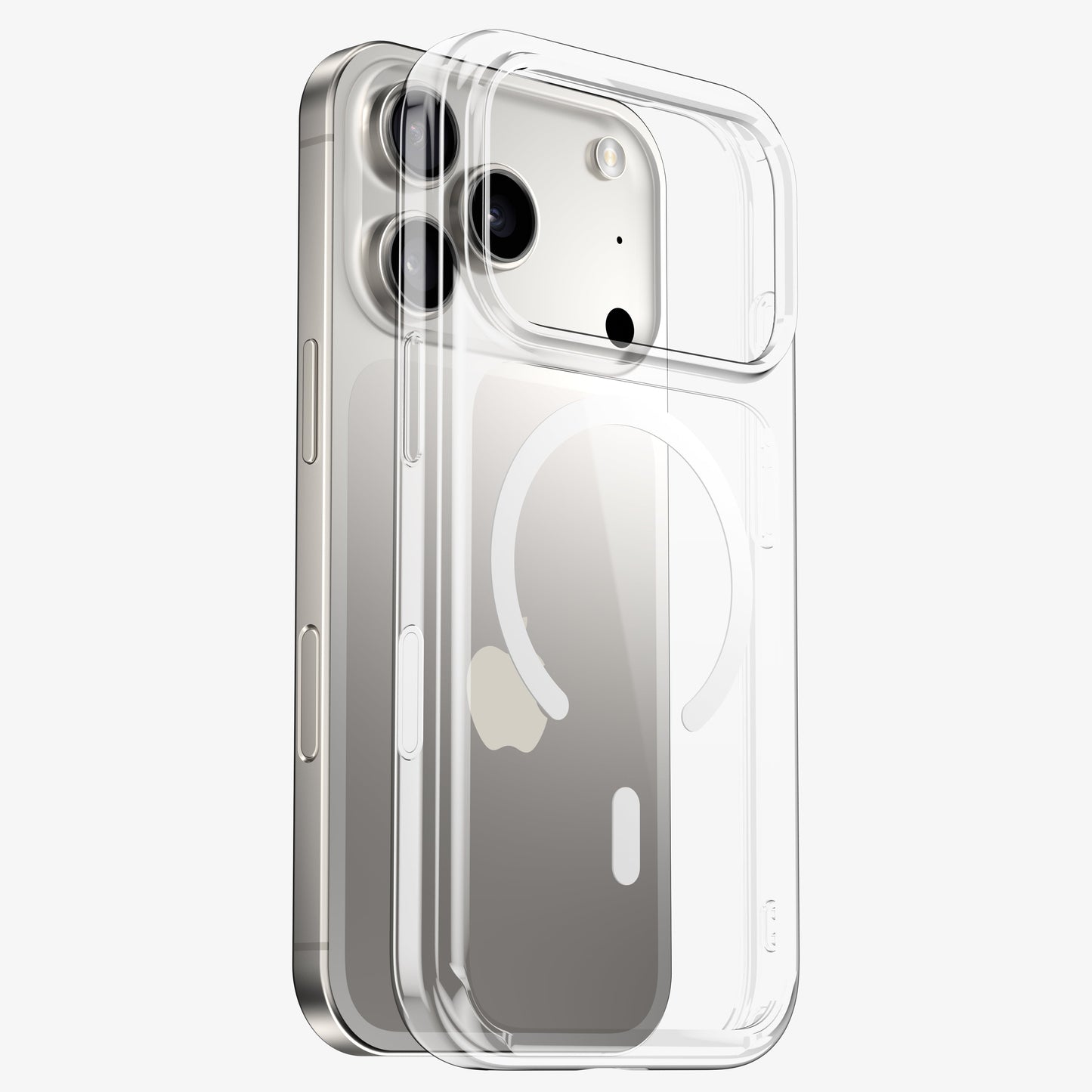 Coque DANA MagSafe transparente en vue éclatée, montrant l'anneau magnétique et l'ajustement sur l'iPhone 18 Pro