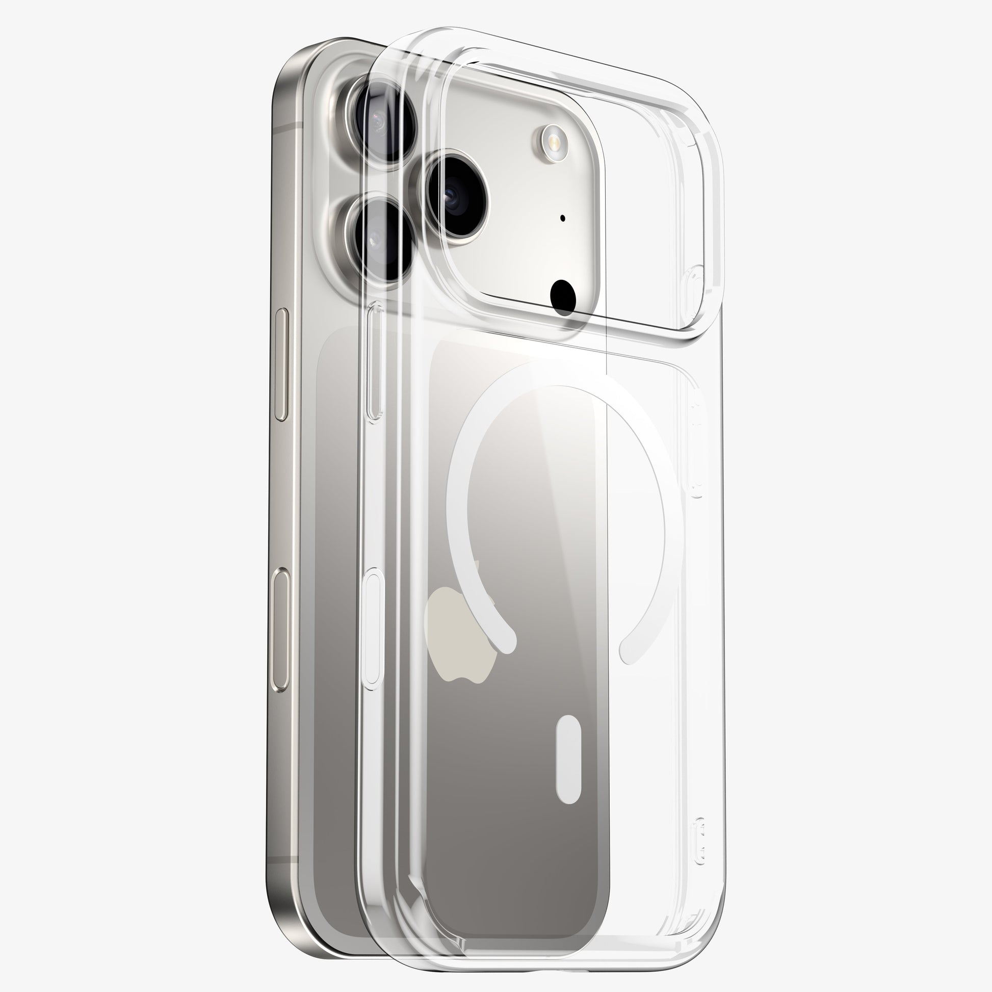 Coque DANA MagSafe transparente en vue éclatée, montrant l'anneau magnétique et l'ajustement sur l'iPhone 18 Pro