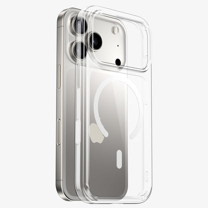 Coque DANA MagSafe transparente en vue éclatée, montrant l'anneau magnétique et l'ajustement sur l'iPhone 18 Pro