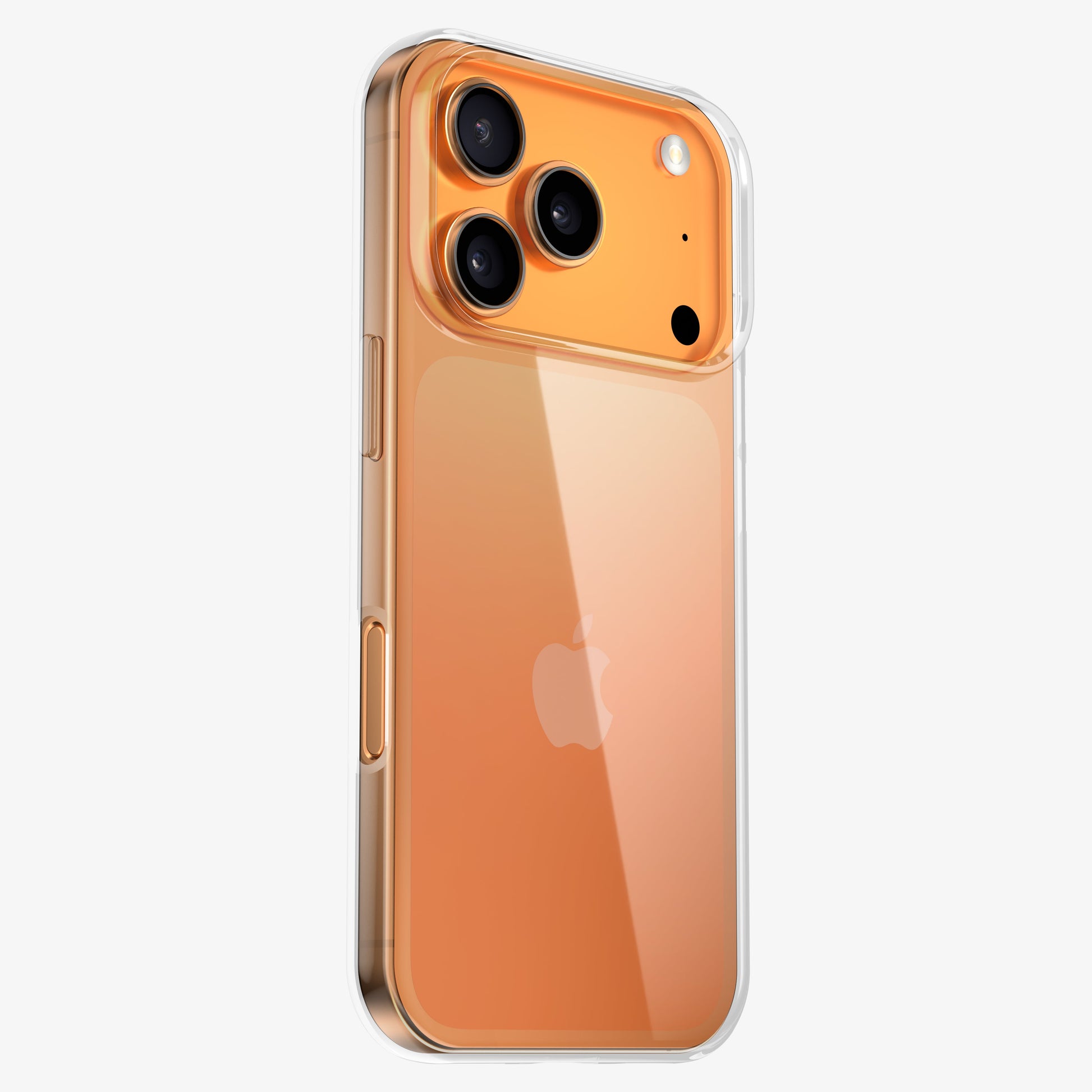 Coque INVISIBLE en silicone transparent sur iPhone 18 Pro orange, vue trois quarts arrière
