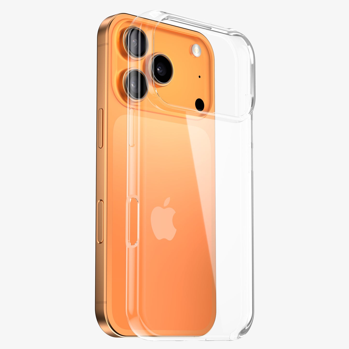 Coque INVISIBLE souple en silicone, vue éclatée montrant sa transparence sur un iPhone 18 Pro orange