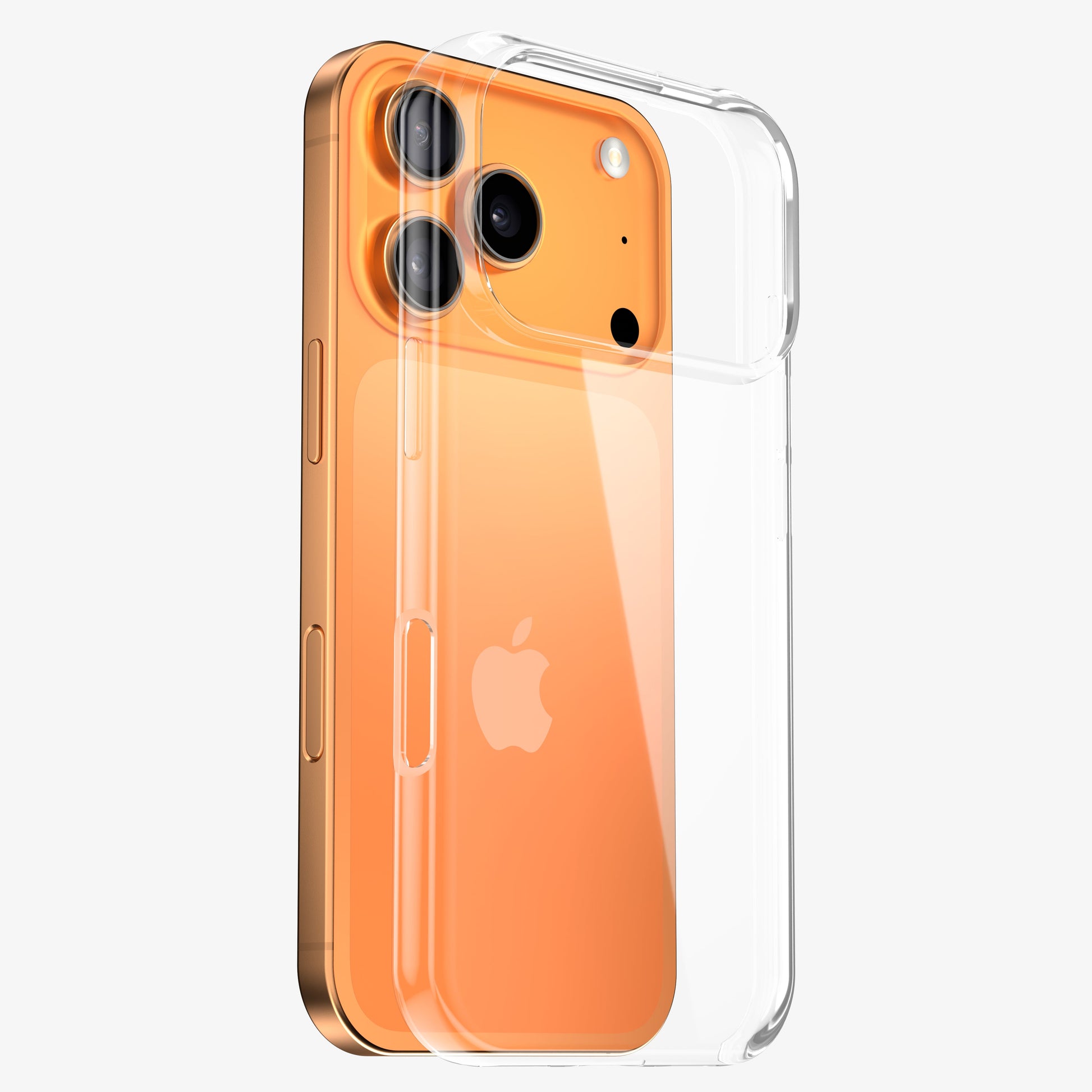 Coque INVISIBLE souple en silicone, vue éclatée montrant sa transparence sur un iPhone 18 Pro orange