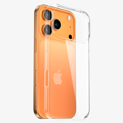Coque INVISIBLE souple en silicone, vue éclatée montrant sa transparence sur un iPhone 18 Pro orange