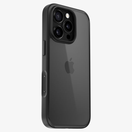 Transparent iPhone case with black edges, showing triple-camera system.