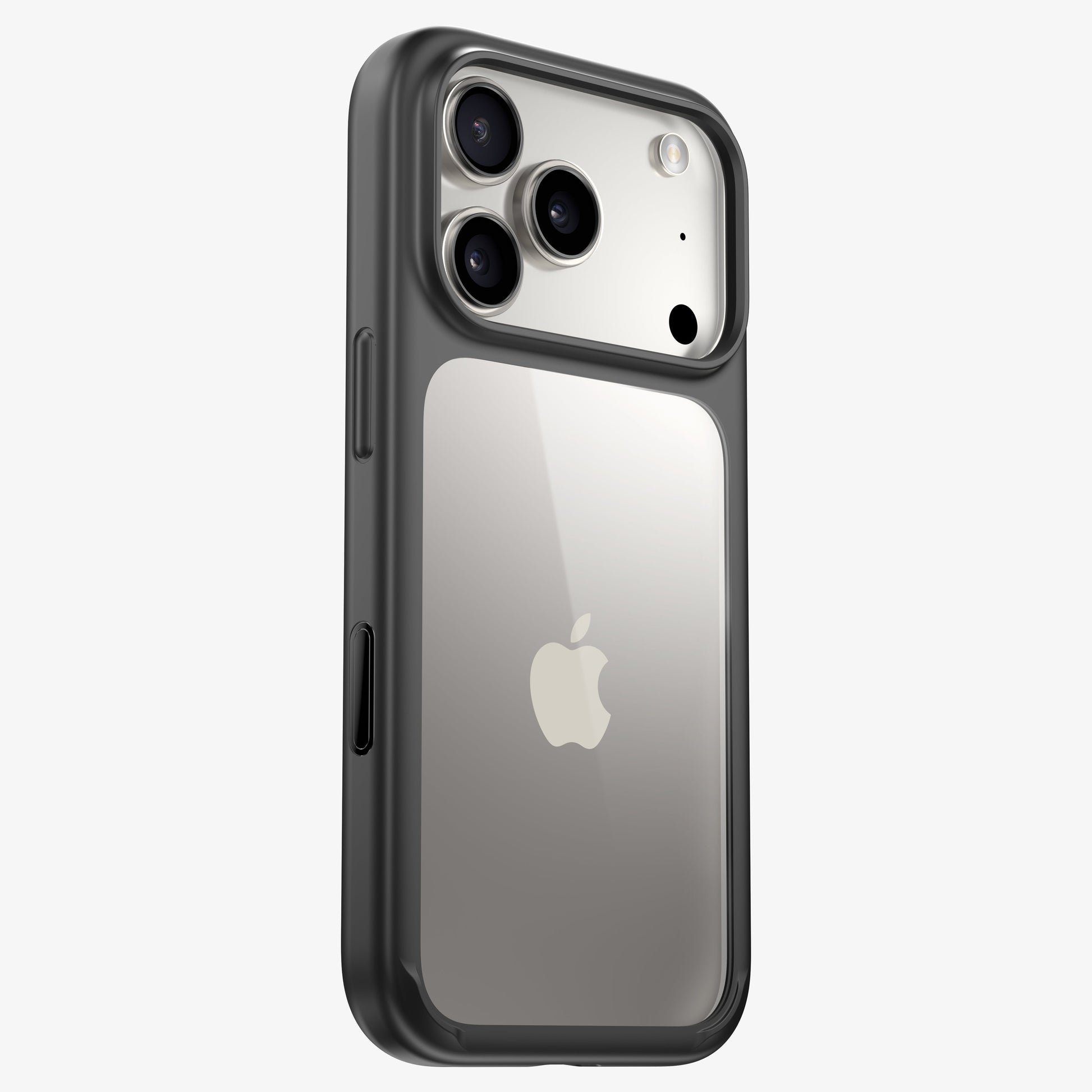 Coque ONE bumper noire à dos transparent sur iPhone 18 Pro titane, vue trois quarts arrière