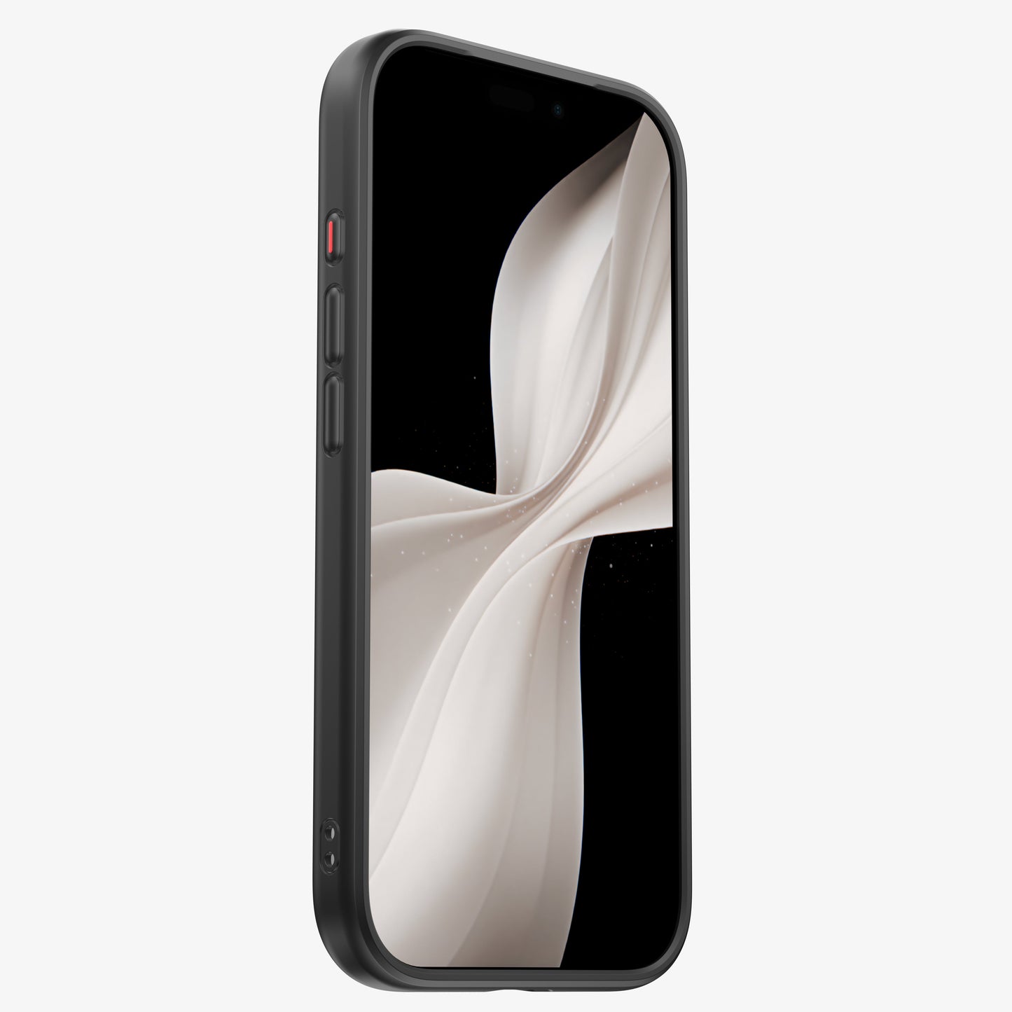 iPhone 18 Pro dans la coque ONE, vue de profil : bouton Action rouge et tranches protégées par le bumper