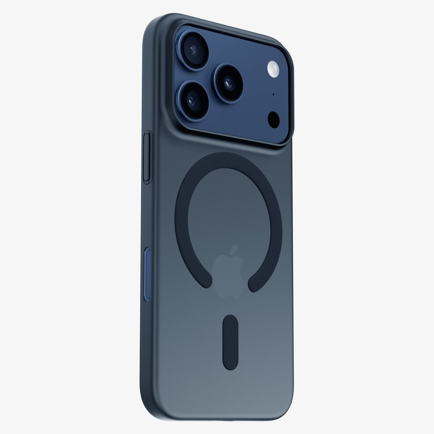 Coque ORIGINAL Noir sidéral avec anneau MagSafe sur un téléphone bleu, vue trois quarts arrière