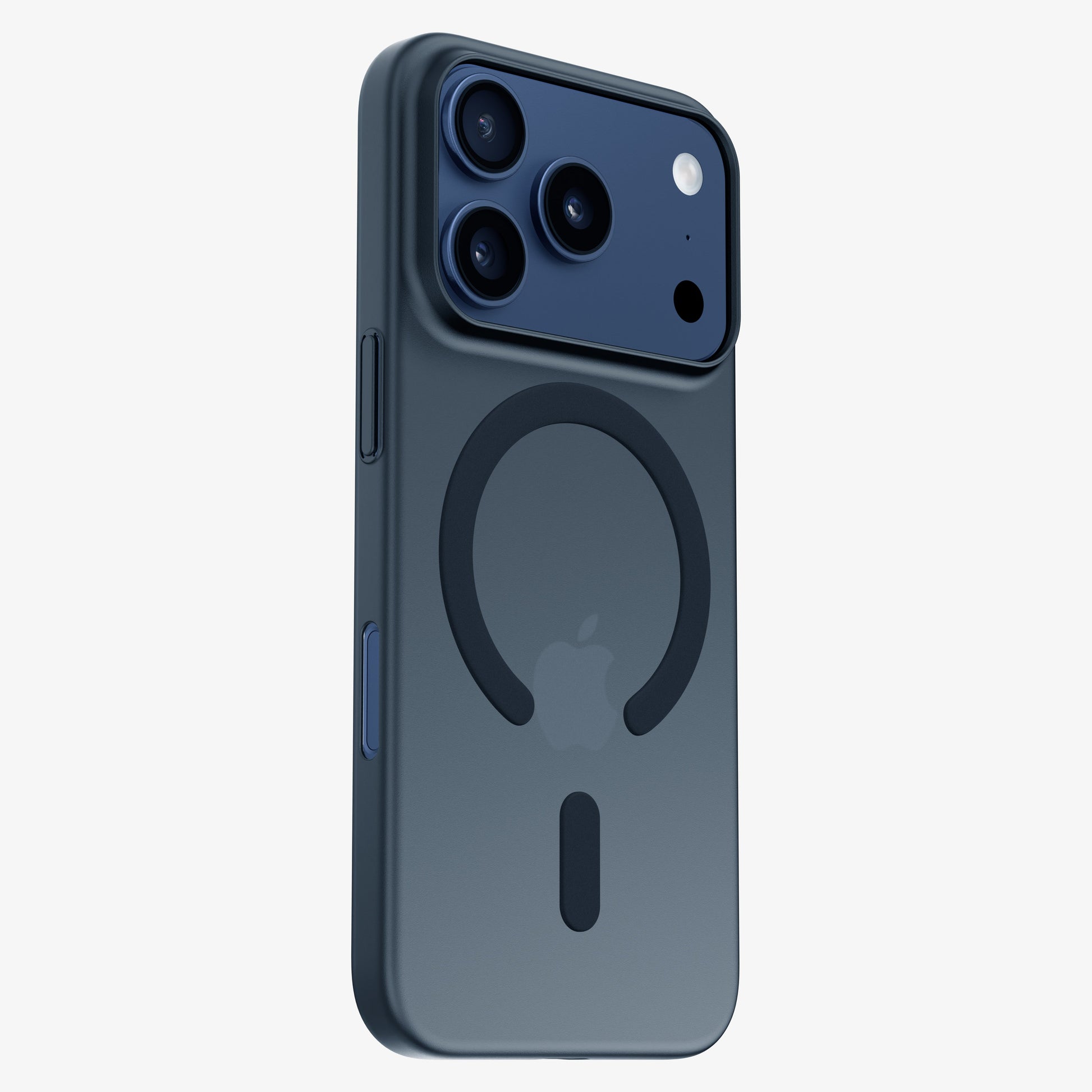 Coque ORIGINAL Noir sidéral avec anneau MagSafe sur un téléphone bleu, vue trois quarts arrière