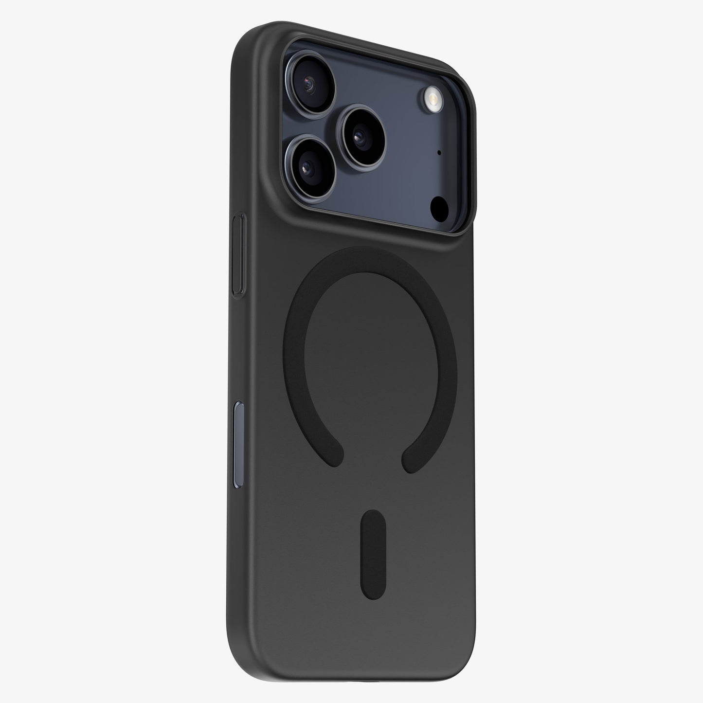 Coque ORIGINAL Noir total avec anneau MagSafe sur un téléphone, vue trois quarts arrière