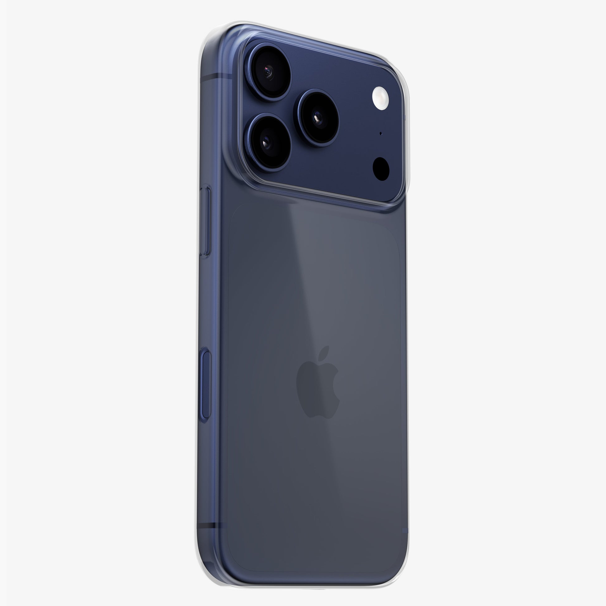 Coque PHANTOM transparente ultra-fine sur iPhone 18 Pro bleu, vue trois quarts arrière, module photo dégagé
